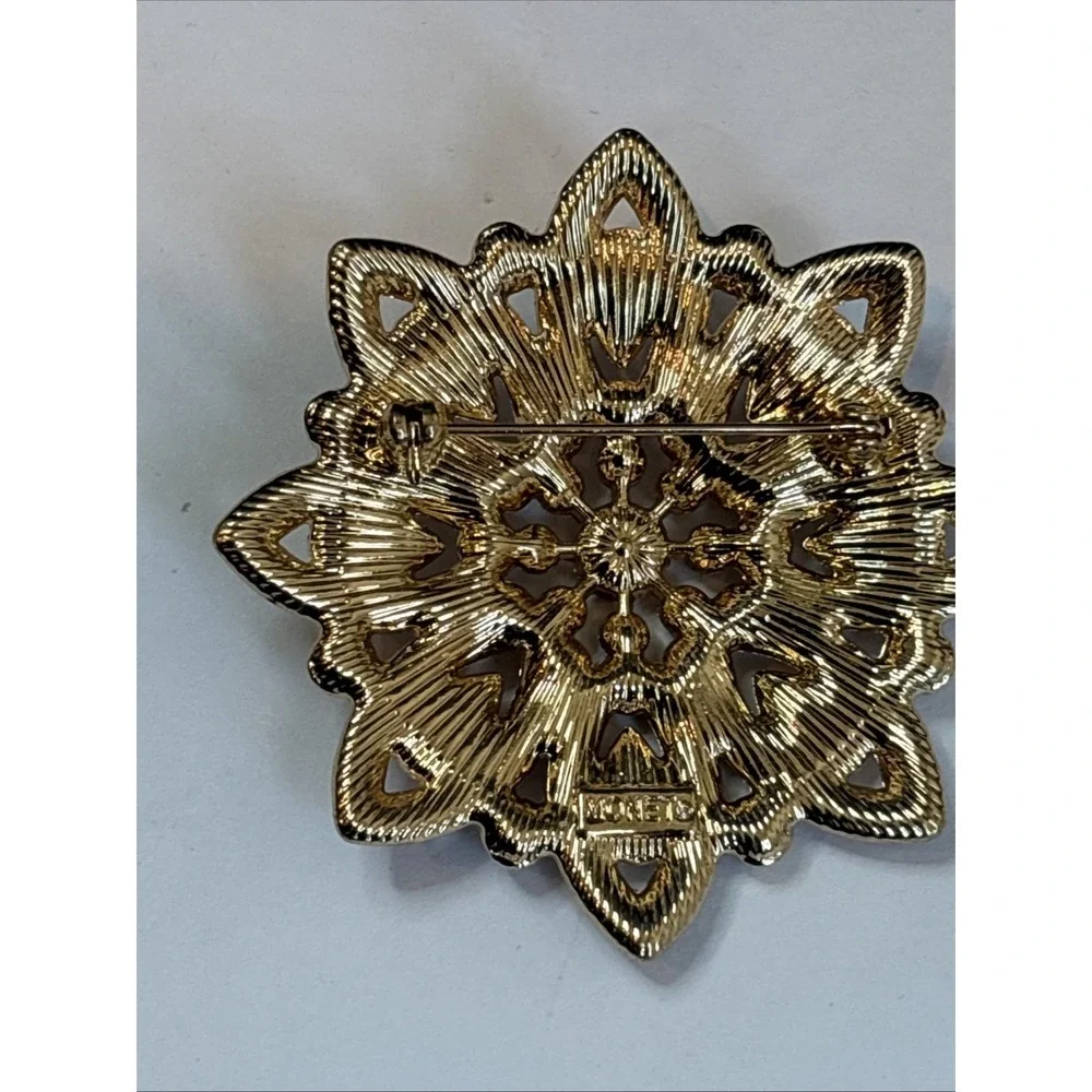 Monet Poinsettia Vintage Red And Clear Rhinestone Floral Print Gold Tone